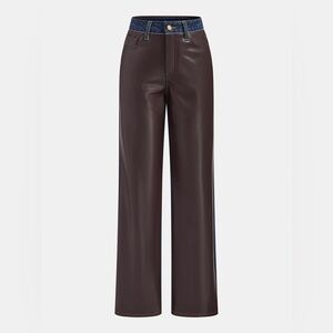 Brown Denim Panel Faux Leather Pants